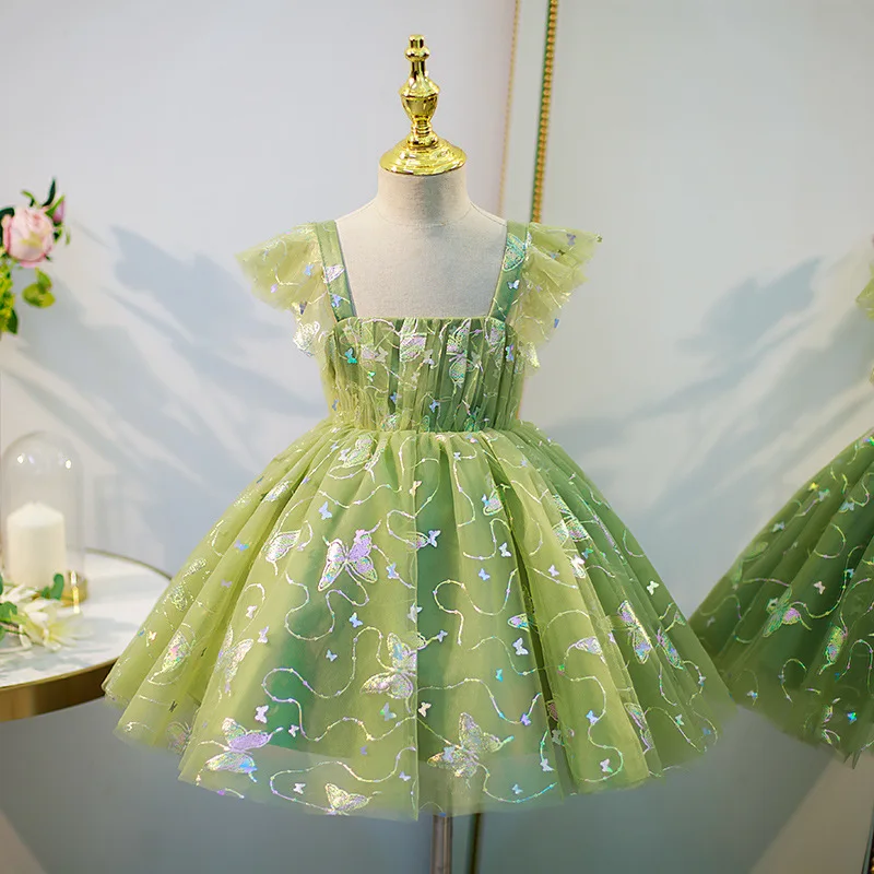 

Little Girls Kawaii Party Dress Kids Sequined Tulle Sundress Children Clothes Princess Green Ball Gown Infants 1st Birthday Wear