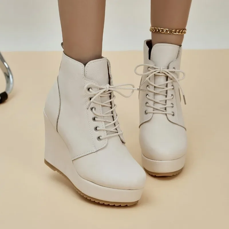 

Женские ботинки на шнуровке, винтажные удобные ботинки на танкетке, на платформе, римские каблуки