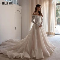 Julia Kui Elegance Tulle Beading Pearls Embroidery Lace A-Line Wedding Dresses Customize Off Shoulder Full Sleeves Bridal Gowns 1