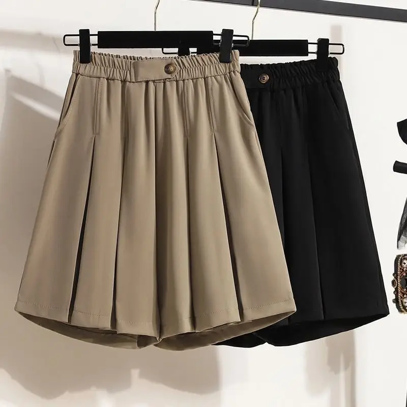 Summer New Korean Elastic High Waist Slim Wide Leg Shorts Women Solid Button Pockets Fashion Simple Loose Casual Shirring Shorts