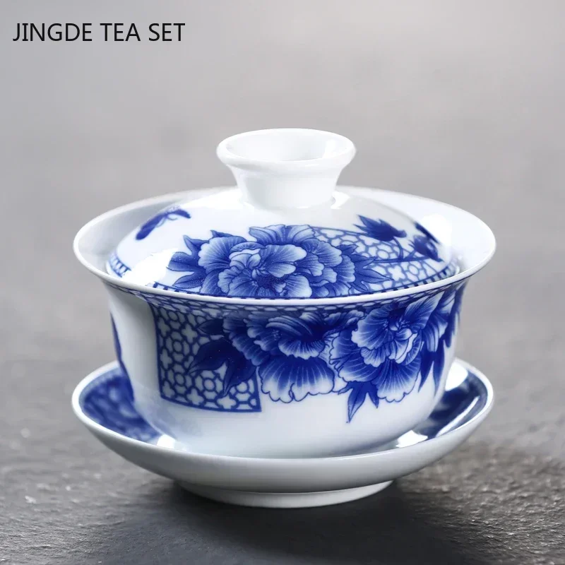 Tea Set Jingdezhen White Porcelain Gaiwan Tea Cup Blue and White Porcelain Tea Maker Ceramic Handpainted Bowl Set Supplies