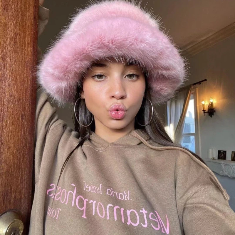 Dyfzdhu Fuzzy Bucket Hat For Women Faux Superficial Knowledge Fluffy Warm Soft Winter Fisherman Cap Furry Sun Hat Khaki