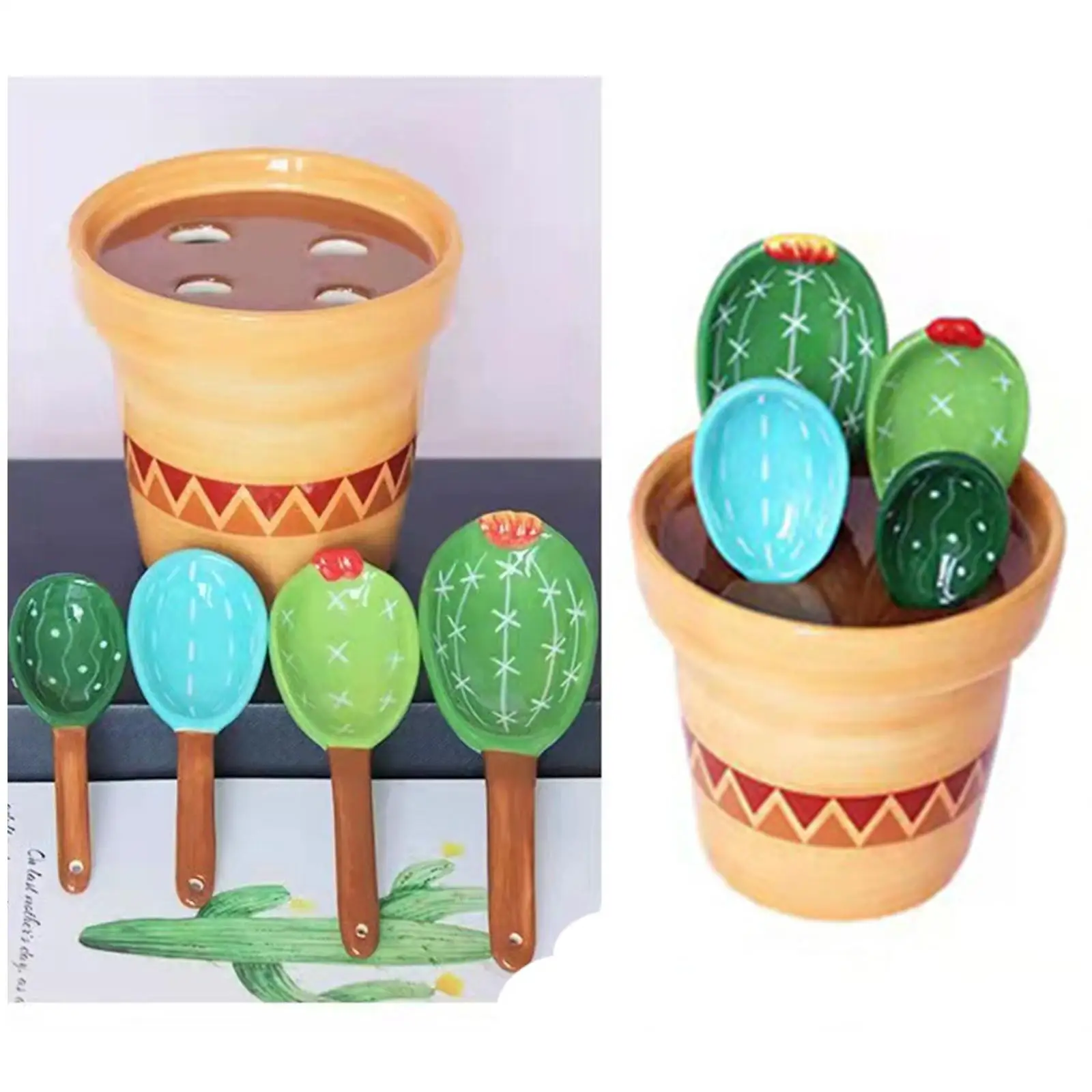 Measuring Spoons with Base in Flower Pot Cactus Scale Spoon Rice Spoon for Rice