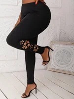 Plus Size Women's High-Elasticity Skinny Pants with Floral Pattern Hollow Comfortable Leggings Fashionable Knit Long Trousers