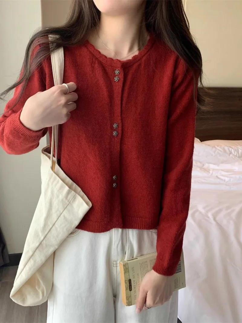 

Sweet Style Hollowed Out Round-Neck Long Sleeved Knit Sweater For Women Spring Autumn New Simple Solid Slim Ladies Cardigan
