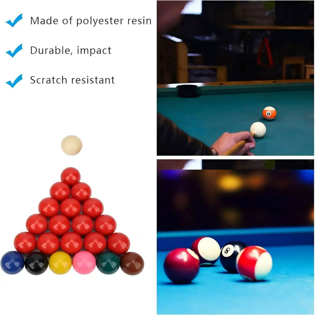 Standard 5.72cm snooker, 2-1/4 English billiards, 2.25" resin billiards, 4.76cm 2-1/16 balls /1-7/8 small billiards