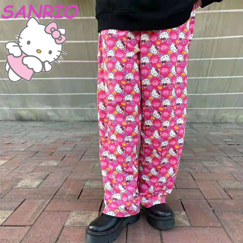 Sanrio-pantalones de Kawaii de Hello Kitty para niña, pantalones casuales cómodos, pantalones sueltos de de moda para estudiantes, regalo - AliExpress