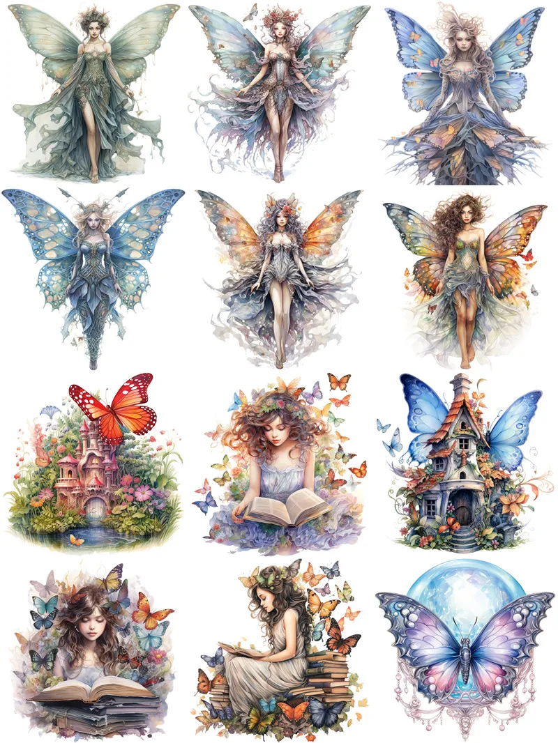 나비 요정 요정 스티커, DIY 공예 스크랩북 앨범, 정크 저널 장식 스티커, 12 개/팩