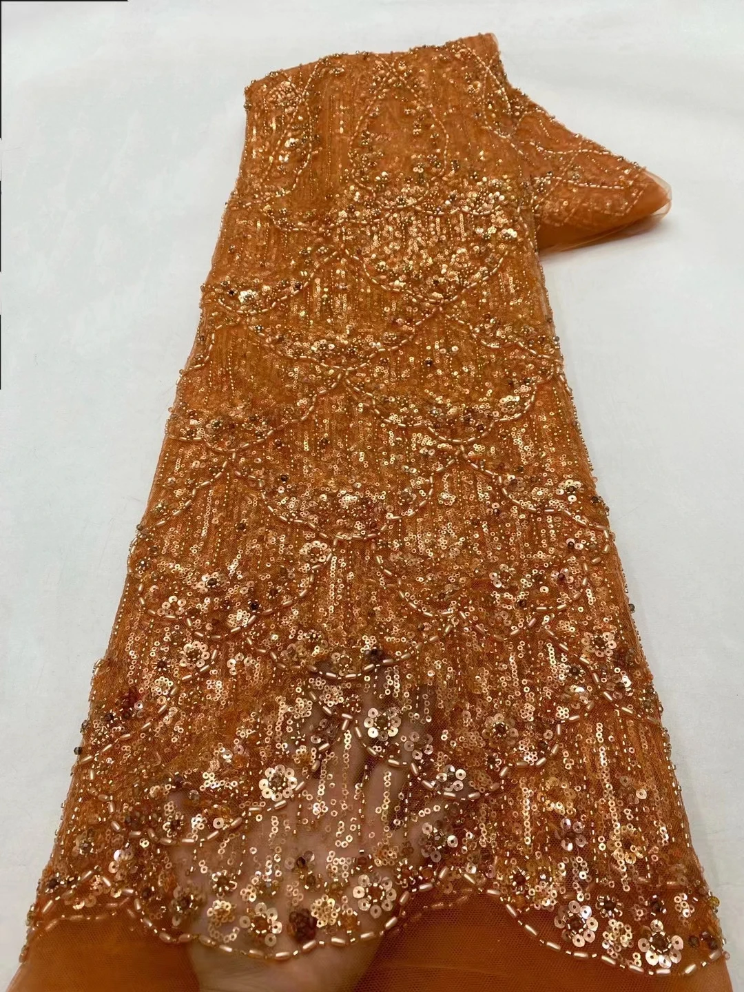 

Orange African Groom Lace Fabric 2024 Nigerian Bridal High Quality French Tulle Sequins 3D Lace Fabric For Wedding Party Dresses
