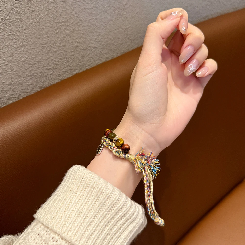 Natural Stone Tiger Eye Braided Band Women's Wrist Bracelet Watch Strap