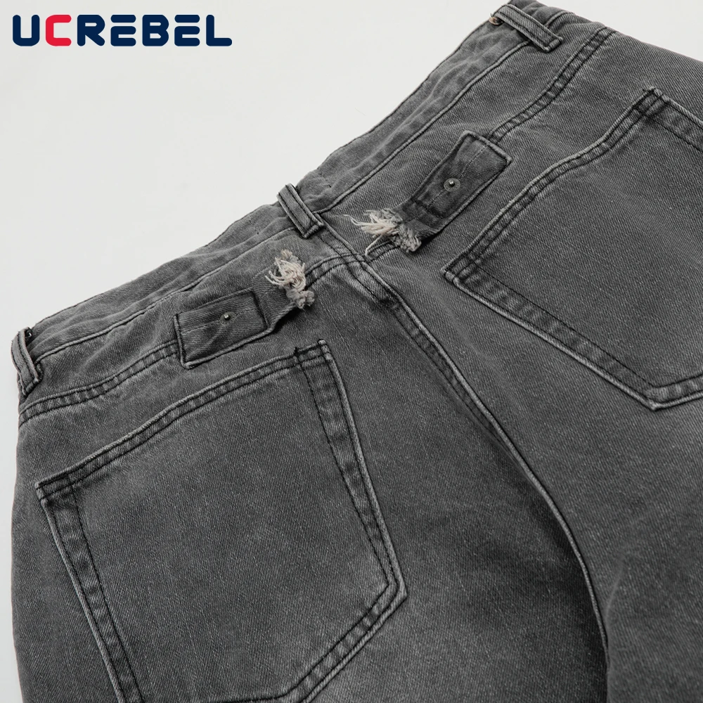 Retro Black Gray Jeans Mens Spring Fleece Washed Distressed High Street Loose Straight Wide Leg Denim Pants Men 4