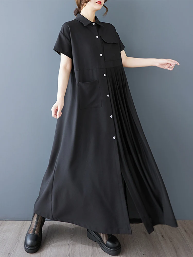 2025 Summer New Black Vintage Pleated Shirt Long Dresses For Women Short Sleeve Casual Loose Patchwork Dress Fashion Clothing