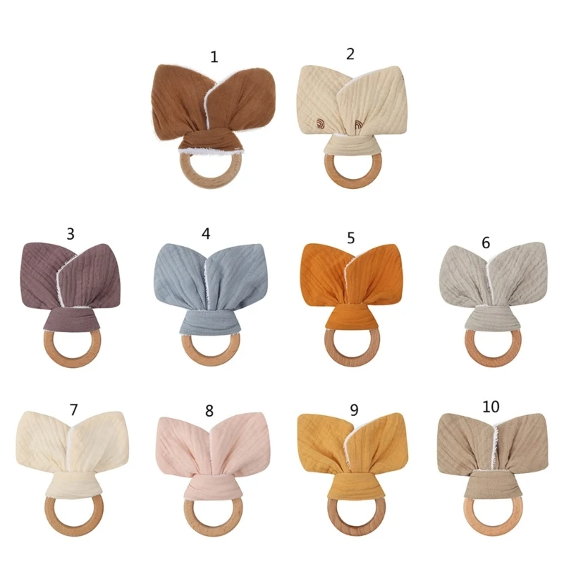 

Soft Cotton Rabbit Ears Teething Chewing Appease Toy Baby Natural Wooden Teether Ring BPA Free Wood Pain Relief Teether