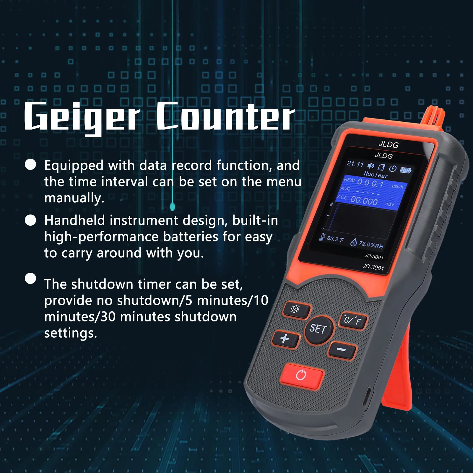 JD-3001 Multifunctional Geiger Counter Temperature Humidity Measuring Device Radiation Tester Electromagnetic Radiation Detector