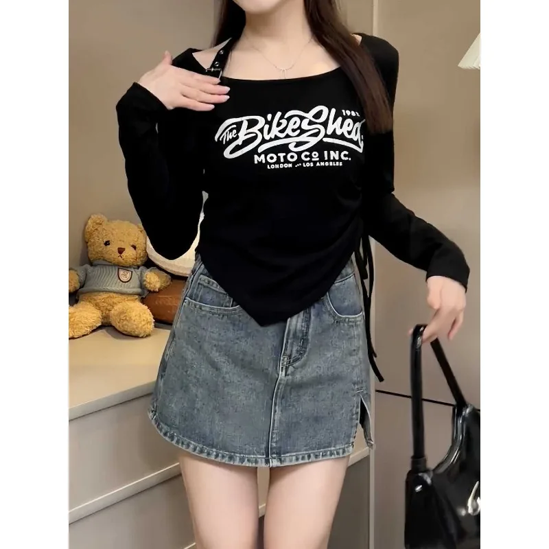 Unregelmäßiges Retro-Langarm-T-Shirt für Damen im neuen Design, schmales Top, trendig