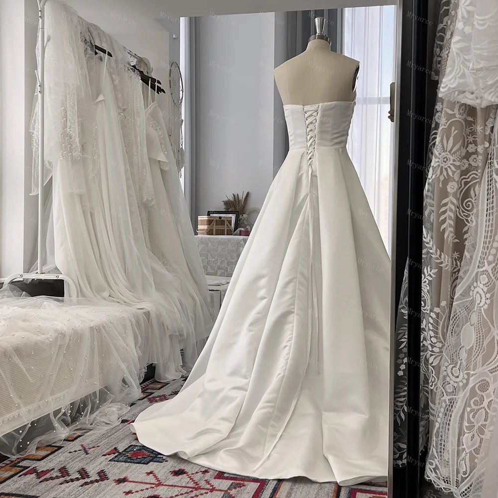 Mryarce 2024 Simple Classic Wedding Dresses With Slit Strapless Luxury Satin A Line Bridal Gowns With Pockets 2