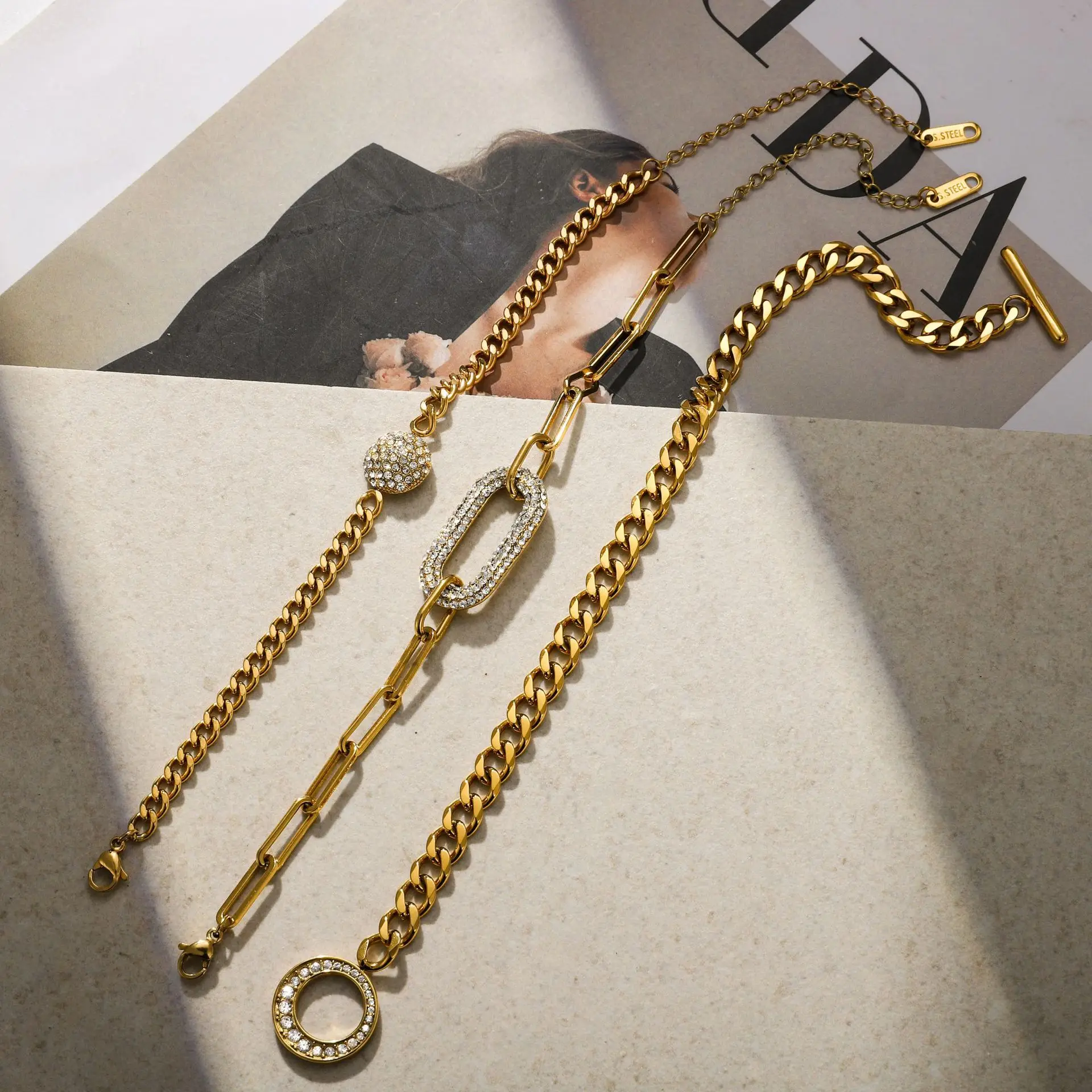 Occident Style Pave CZ Zircon Geometric Bracelet Sparkle 18K Gold Plated Metal Chain Hypoallergenic Bracelets Punk Jewelry Gift