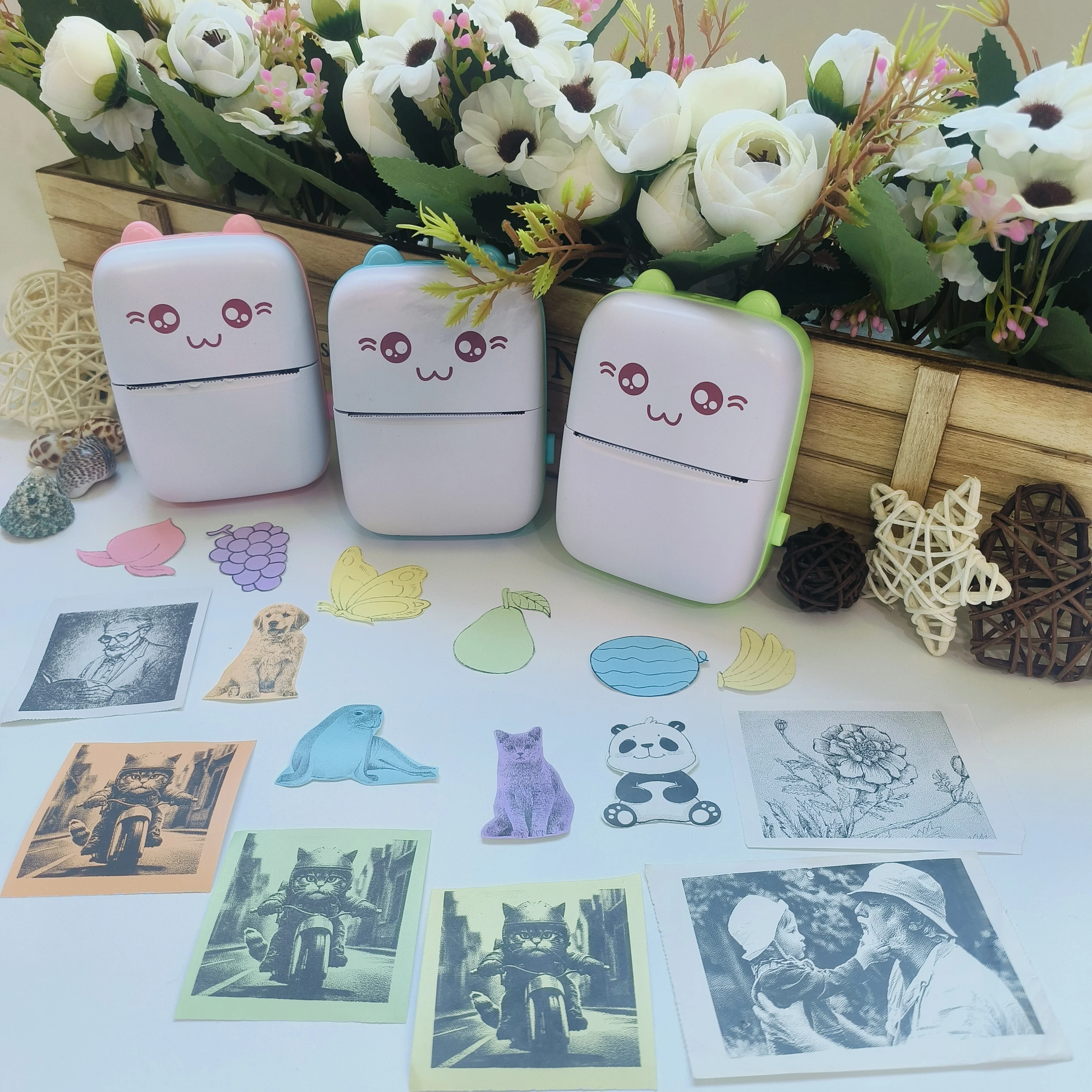 휴대용 포켓 미니 프린터 (스티커 롤 5개, 6색 용지, 5개 감열지, 1개 라벨 용지 포함), 모바일 연결 잉크리스 W