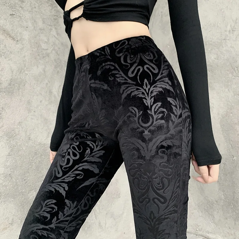 2024 Sexy Dark Gothic Slim Fleece Legging Women Black Suede Embossing Long Skinny Legging Goth Indie Big Flower Printed Bottoms