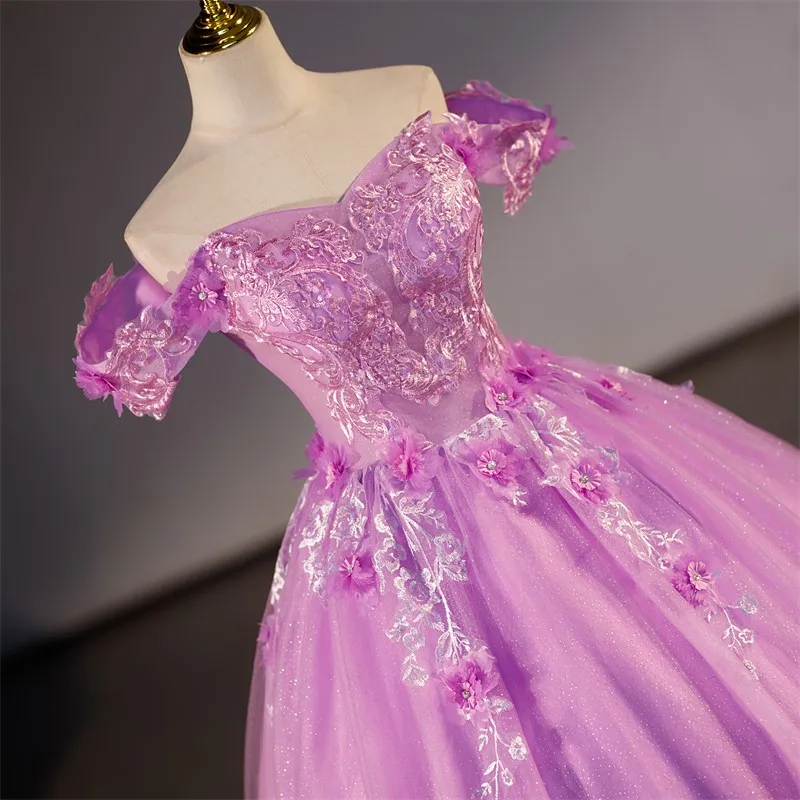 Spring New Purple Quinceanera Dresses With Train Sweet Flower Boho Party Dress Shinny Sequin Ball Gown Luxury Lace Vestidos