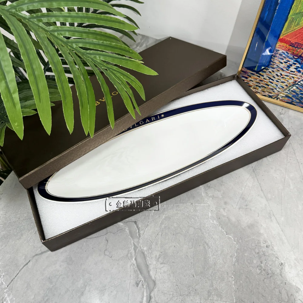 

European-style Bone China Blue Edge Five-piece Set High Foot Plate Large Round Bowl snack bowl Salad Tray and Sushi Plate