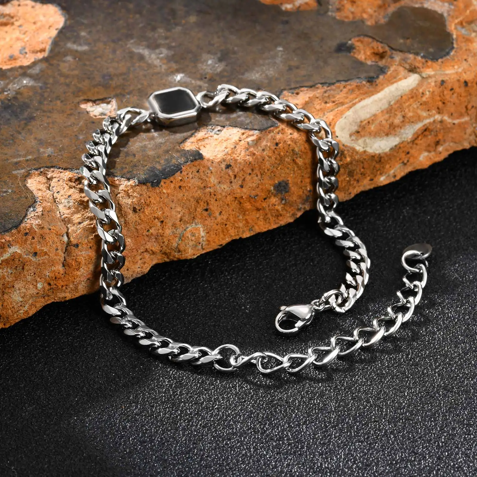 Fashion Chic Square Acrylic Charm Bracelet, Silver Gold Color Stainless Steel Twist Chain Bracelet, Minimalist Jewelry for Men