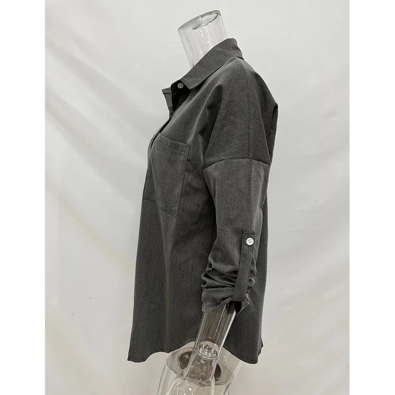 Spring and Autumn New Polo-Neck Splicing Button Blouse Womens Loose Double Pocket Long Sleeve Versatile Casual Solid Color Shirt