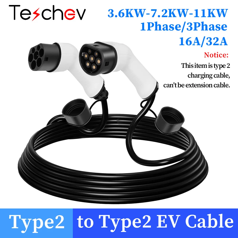 Teschev 32A 7KW Type 2 to Type 2 EV Charging Cable 11kW 16A 3 Phase Mode 3 IEC 62196-2 EV Cable for EV & PHEV In Public Station
