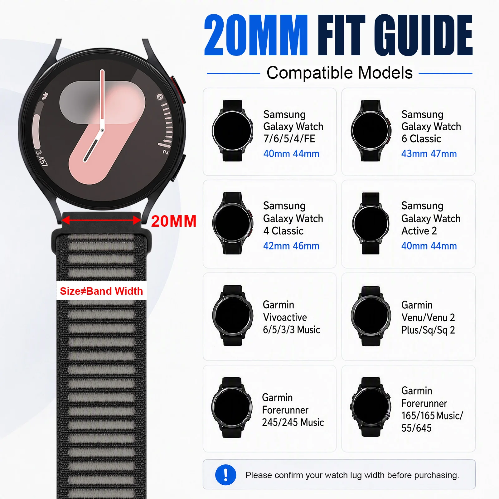Durable Nylon Loop Strap Band, Adjustable 20mm 22mm Bracelet Correa