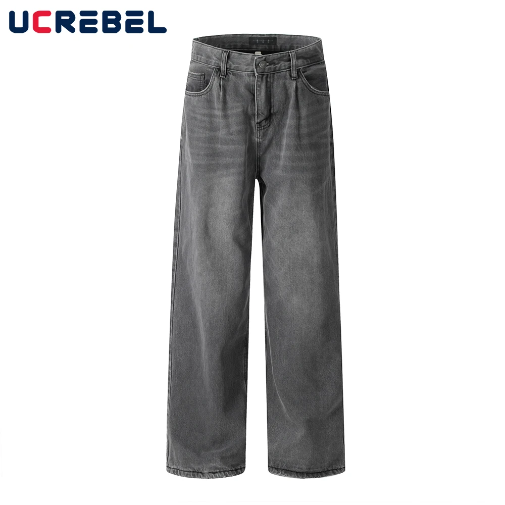 Retro Black Gray Jeans Mens Spring Fleece Washed Distressed High Street Loose Straight Wide Leg Denim Pants Men 3
