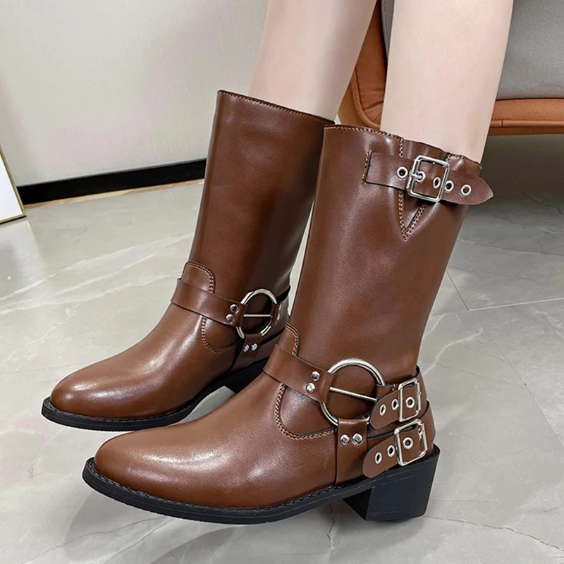 

Fashion Metal Buckle Decor Knight Boots Women Brown PU Leather Mid Calf Boots Woman Slip-On Thick Heels Riding Botas Mujer 2023