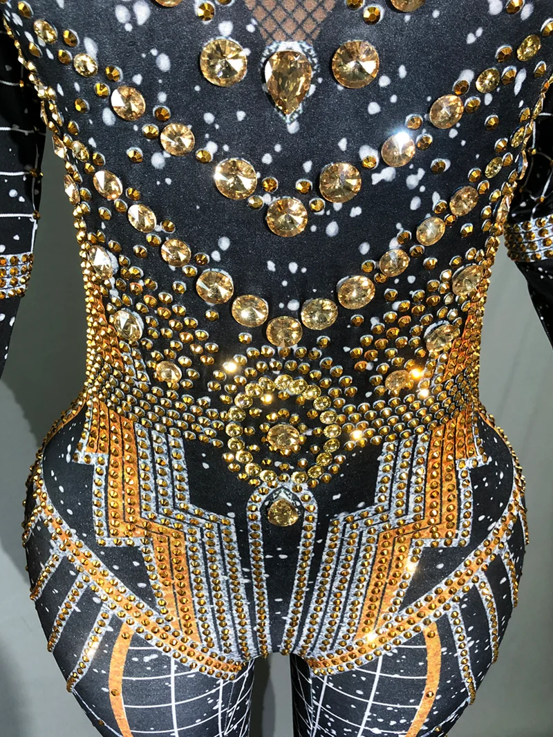 Sparkly Gold Rhinestones Jumpsuit Women Long Sleeve Stretchy Nightclub Party Outfit Singer Dancer Performance Costume Stage Wear