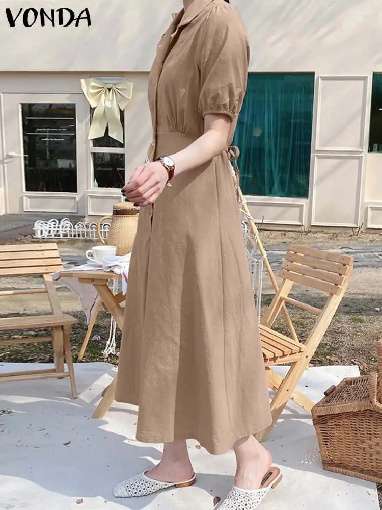 VONDA Fashion Women Summer Dress 2023 Short Sleeve Midi Sundress Elegant  Button Up Bandage High Waist Party Vestidos Robe - AliExpress