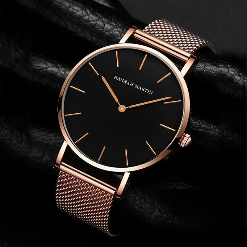 

Hannah Martin Fashion men watches Top brand Ultra-thin Mesh Steel Wristwatch men Black sport waterproof Quartz Watch reloj