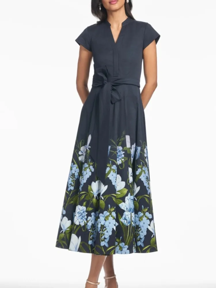 Yeezzi Damen Vintage Elegantes Abendkleid mit Blumenmuster, Midikleid, 2026, neue kurze Ärmel, V-Ausschnitt, Krawatte, Taille, Büro-A-Linien-Kleid