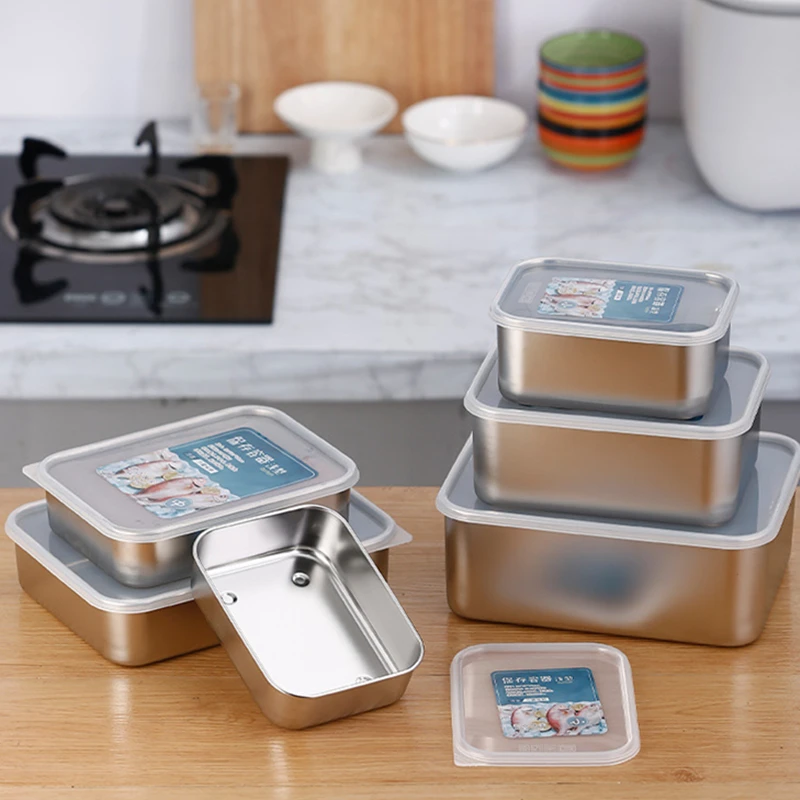 304 Stainless Steel Food Storage Tray with Cover Refrigerator Rectangle Crisper Container Thick Durable Trays Kitchen Organizer 3