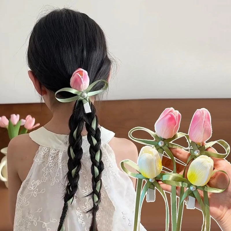 패션 튤립 진주 헤어 클립 실크 리본 덕빌 디자인 우아한 한국식 헤어 액세서리 소녀들을 위한 파티 데일리 선물