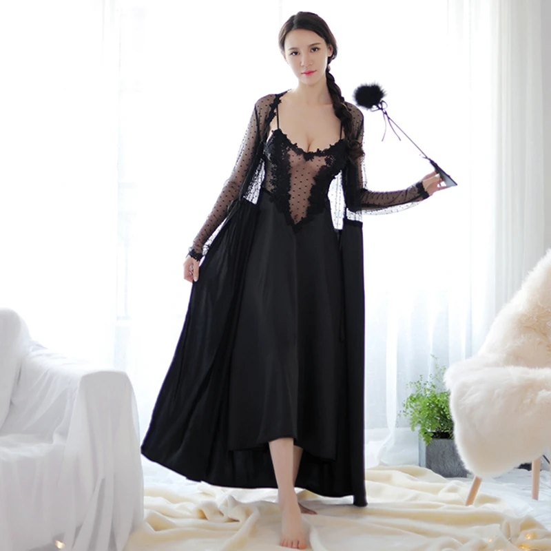

2pcs Satin Long Robe Set Sexy Women Sleepwear Lingerie Silk Nightdress Kimono Bathrobe Night Gown V-Neck Nightwear Lounge Set