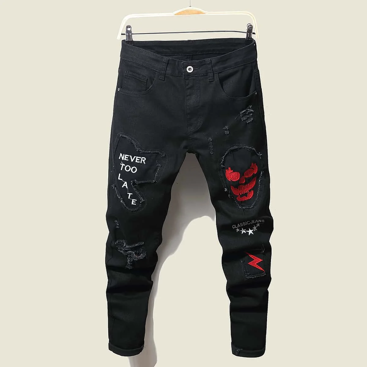 

Streetwear Knee Ripped Skinny Jeans for Men Hip Hop Fashion Destroyed Hole Pants Solid Color Male Stretch Denim Trousers