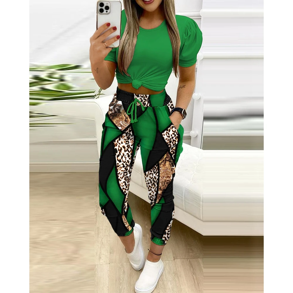 Puff Short Sleeve Top and Baroque Leopard Print Pants Set for Women Drawstring Pencil Pants Fashion Outfit Summer 2 Pieces 2024