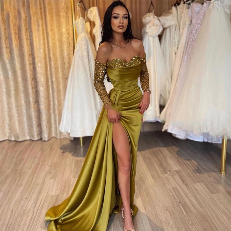 

OTHER Forest Green Glitter Evening Dresses Mermaid Shiny Sweetheart Off Shoulder Prom Dress Pleated Side Slit Sexy Party Gowns