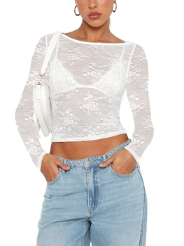 Women's Summer Sheer Crop Tops Long Sleeve Open Back Lace Floral Going Out Tops 1
