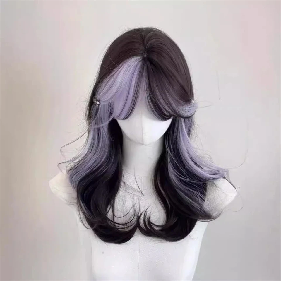 Synthetic Black Purple Long Wavy Wig for Women Cosplay Party