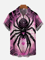 2024 New Men's Casual Shirt Short Sleeve 3D Printed Halloween Spider Web Printed Single Breasted Shirt Men's Loose Clothes 1