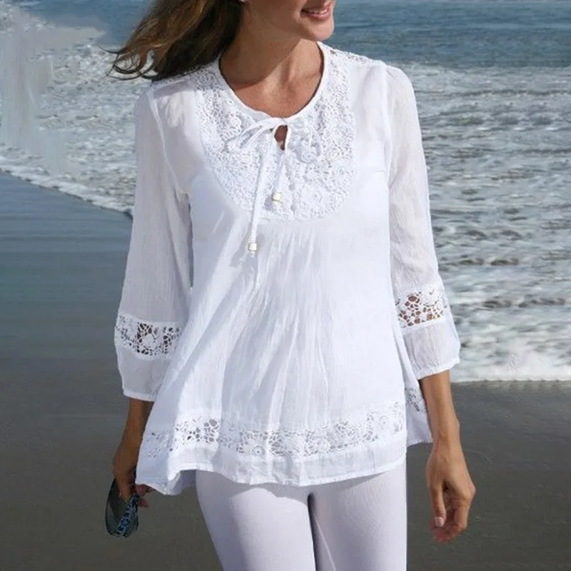 

Женская кружевная блузка с вязаным крючком, модель 2024 года, модный летний кружевной топ, повседневные рубашки в стиле пэчворк, ажурная туника с рукавом 3/4, блузы