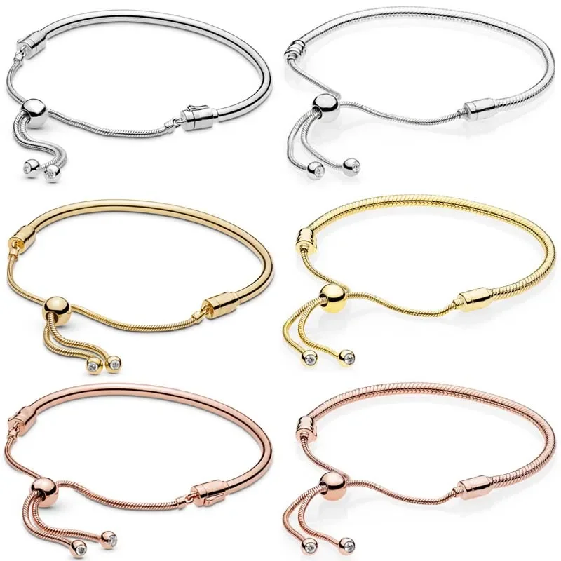 

Original Rose Gold & Silver Moments Sliding Clasp Adjust Bracelet Fit Bangle 925 Sterling Silver Charm Jewelry