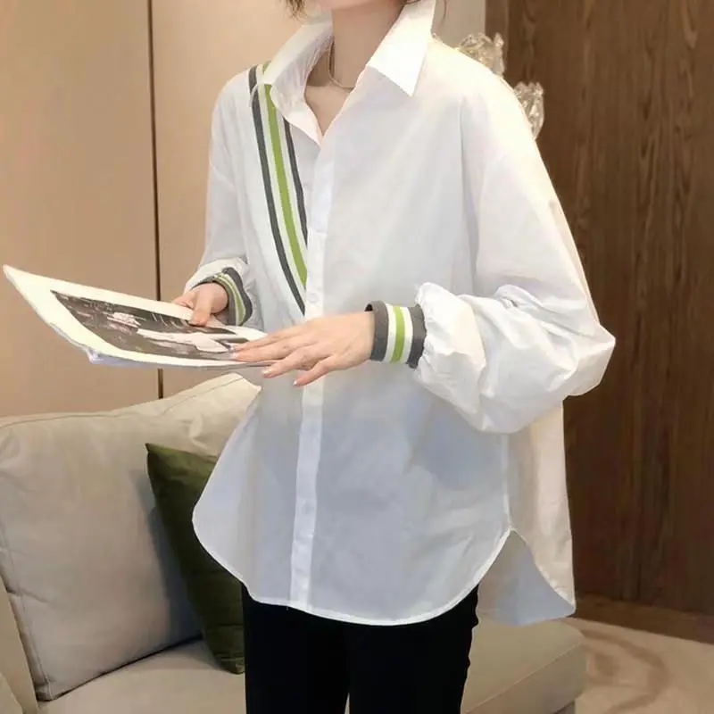 Design Casual Polo-Neck Single Breasted Office Lady Midi Blouses Patchwork Long Sleeve Thin Spring Women's Clothing Tops 2023
