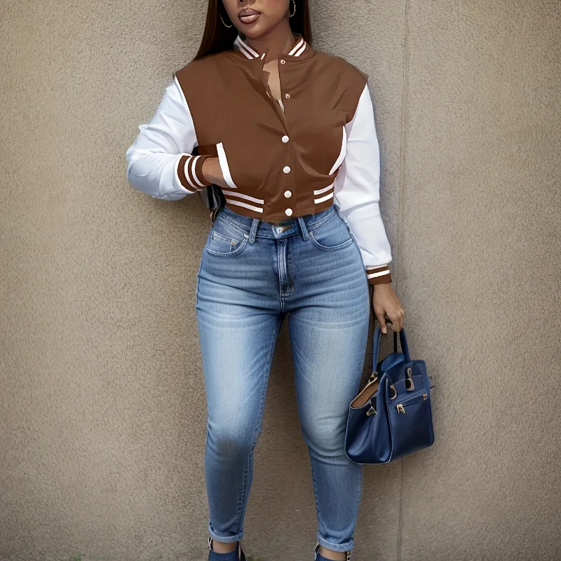 Spring and Autumn European and N Women's Color Matching Jacket Single-breasted Lettered Baseball Jacket Jacket 5