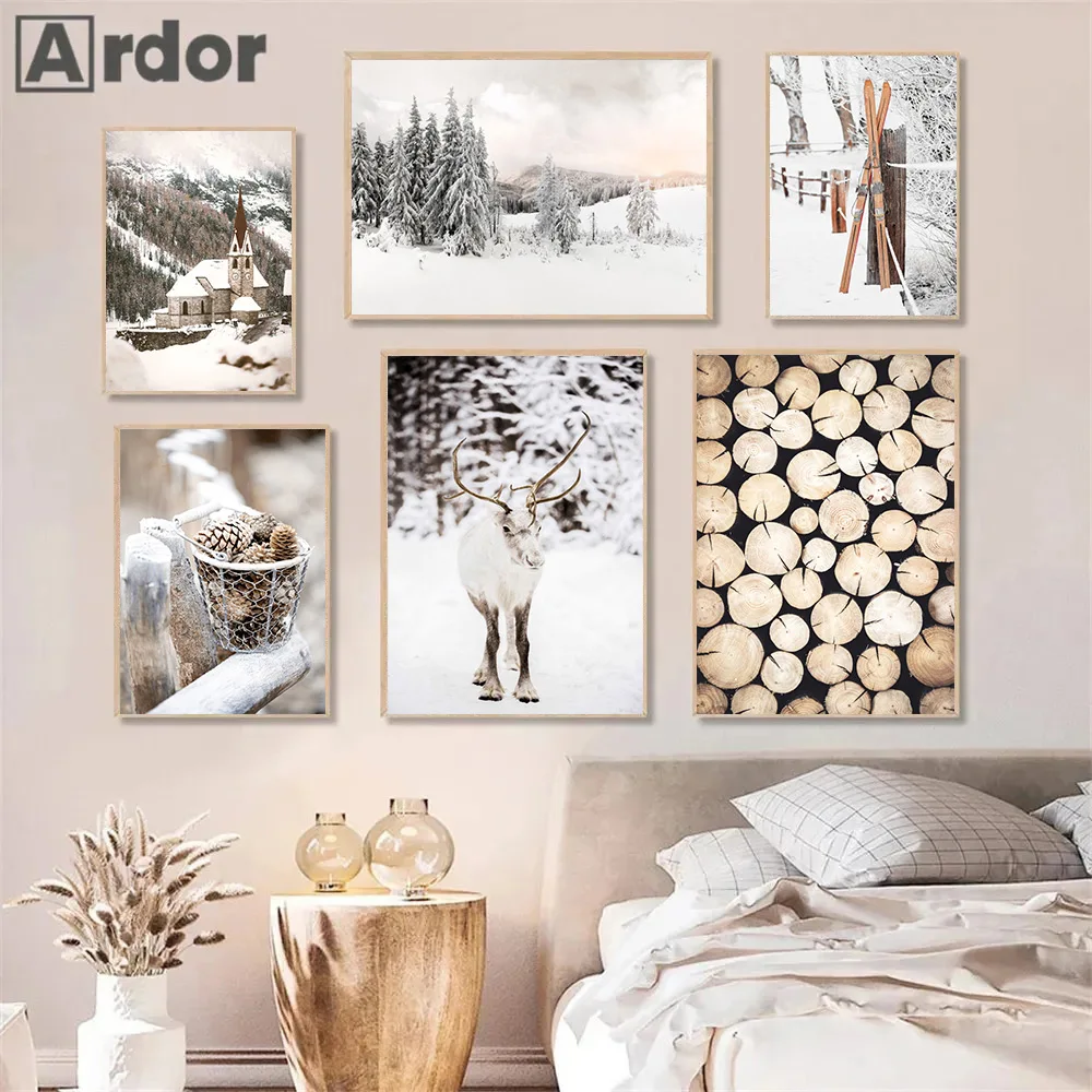 

Winter Landscape Forest Snow Hut Ski Poster Pine Wood Wall Art Prints Elk Canvas Painting Nordic Wall Pictures Living Room Decor