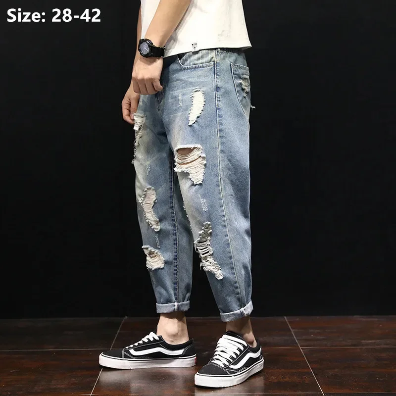 

Men Summer Ripped Ankle Length Plus Size Jeans 38 40 42 Harem Holes Hip Hop Trousers Denim Scratched Loose Boys Cool Blue Pants